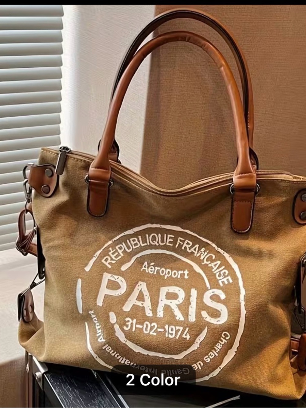 Canvas Paris Tote Bag with Leather Handles - Tan